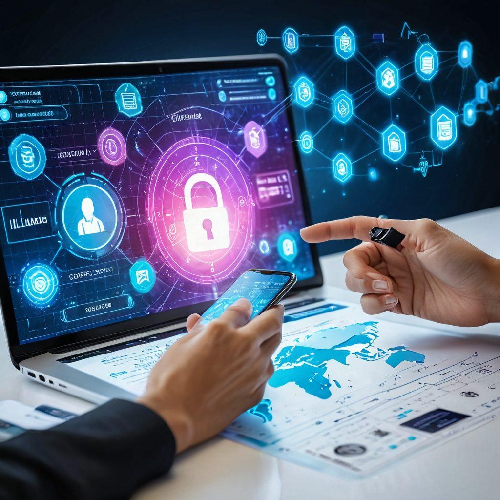 A futuristic interface showcasing a person effortlessly navigating a digital banking app on a smartphone, with holographic charts, financial icons, and global connectivity symbols in the background. Elements of security like digital locks and a seamless flow of transactions are highlighted. super-realistic. vibrant colors. white background.