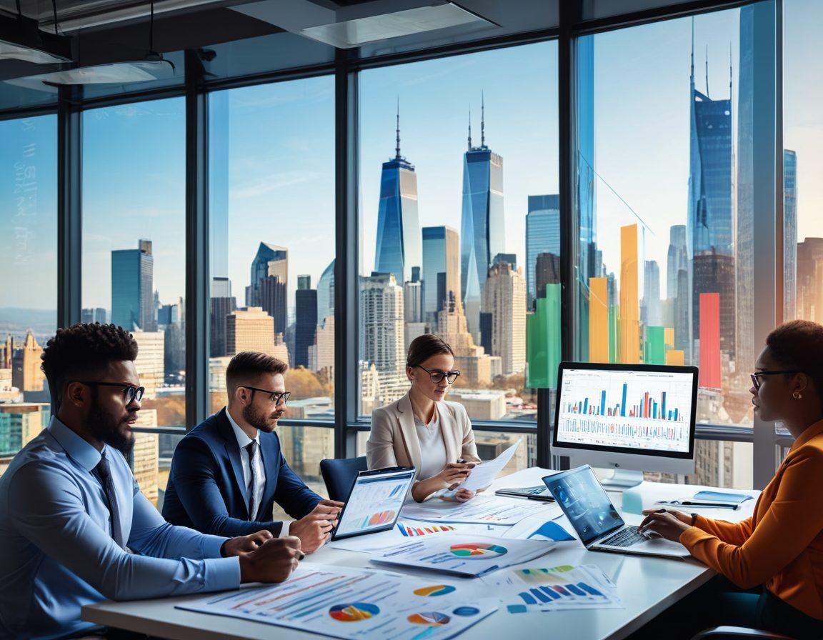 A diverse group of people enthusiastically discussing financial charts and plans in a modern office setting, with a city skyline visible through the windows. Illustrate the harmony between personal and corporate banking by depicting individuals holding money, credit cards, and business documents. Include laptops, tablets, and a large screen showcasing graphs and statistics to symbolize comprehensive banking services. super-realistic. vibrant colors. business professional atmosphere.