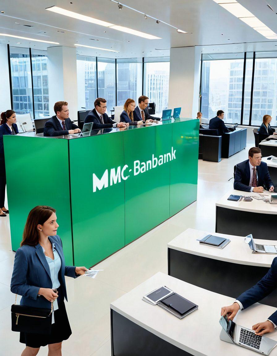 A bustling modern bank setting with clear signage 'MC Bank,' people engaging with financial advisors at sleek, glass-enclosed desks. Highlighted areas showing investment charts, piggy banks overflowing with coins, and young professionals discussing loan documents, all interconnected with vibrant pathways. Art style: super-realistic. vibrant colors. white background.